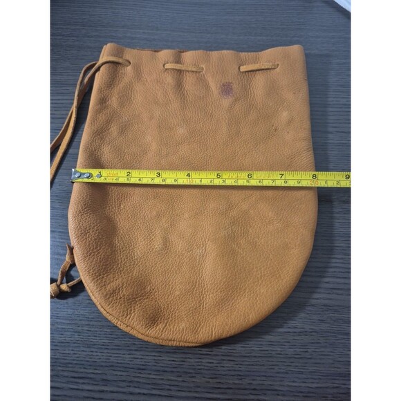 Vintage Genuine Leather Drawstring Pouch Camel Tan Color With Wooden Bead Accent - Picture 15 of 16